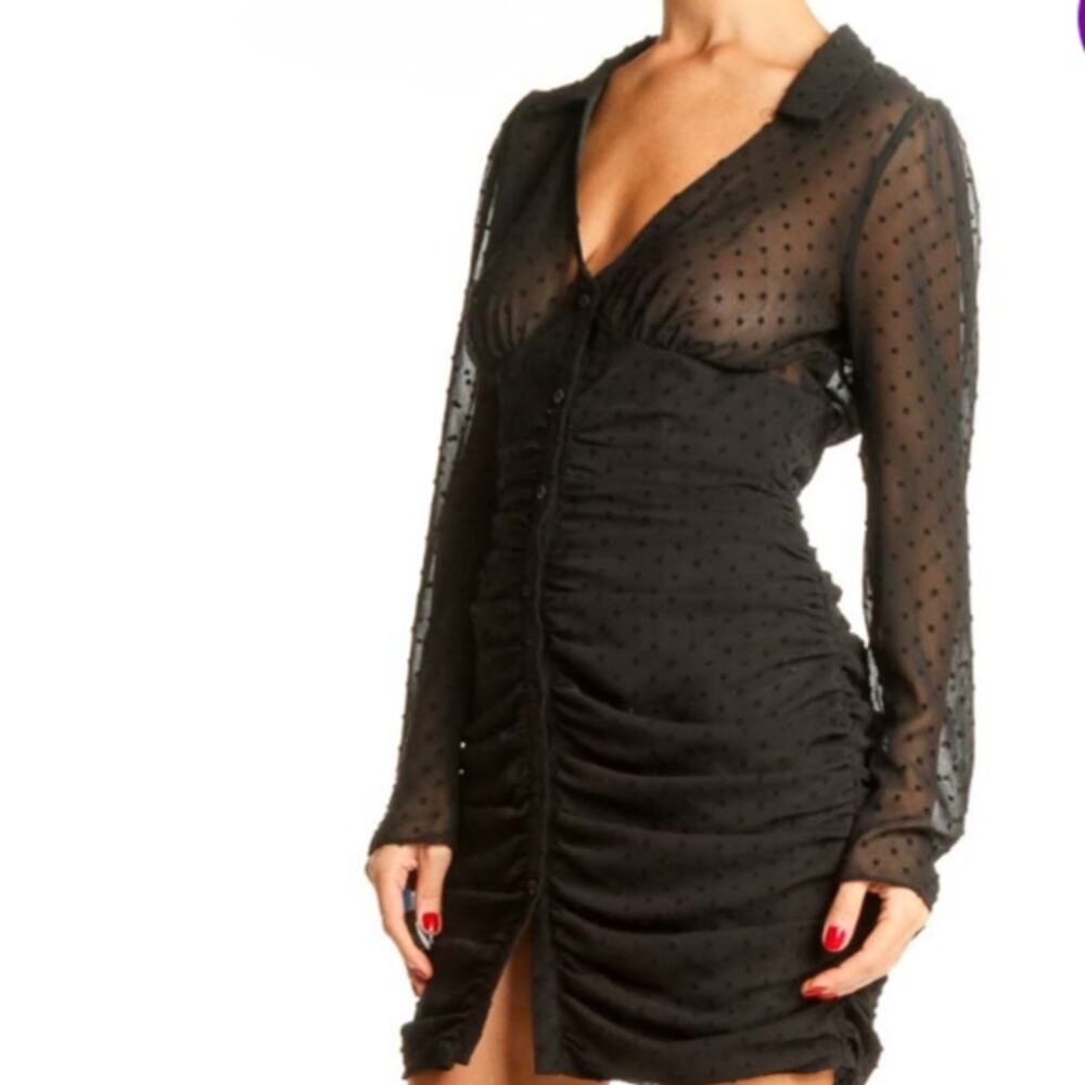 Asos Black Polka Dot Sheer Cocktail Mini Dress Buttondown Long Sleeve Size Small